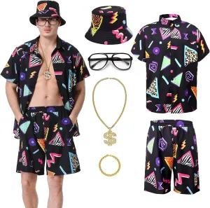 80s 90s Outfit for Men Hawaiian Shirts and Shorts Set, Mens 80s 90s Tracksuit for Disco Party Men Retro 80s Beach Outfits