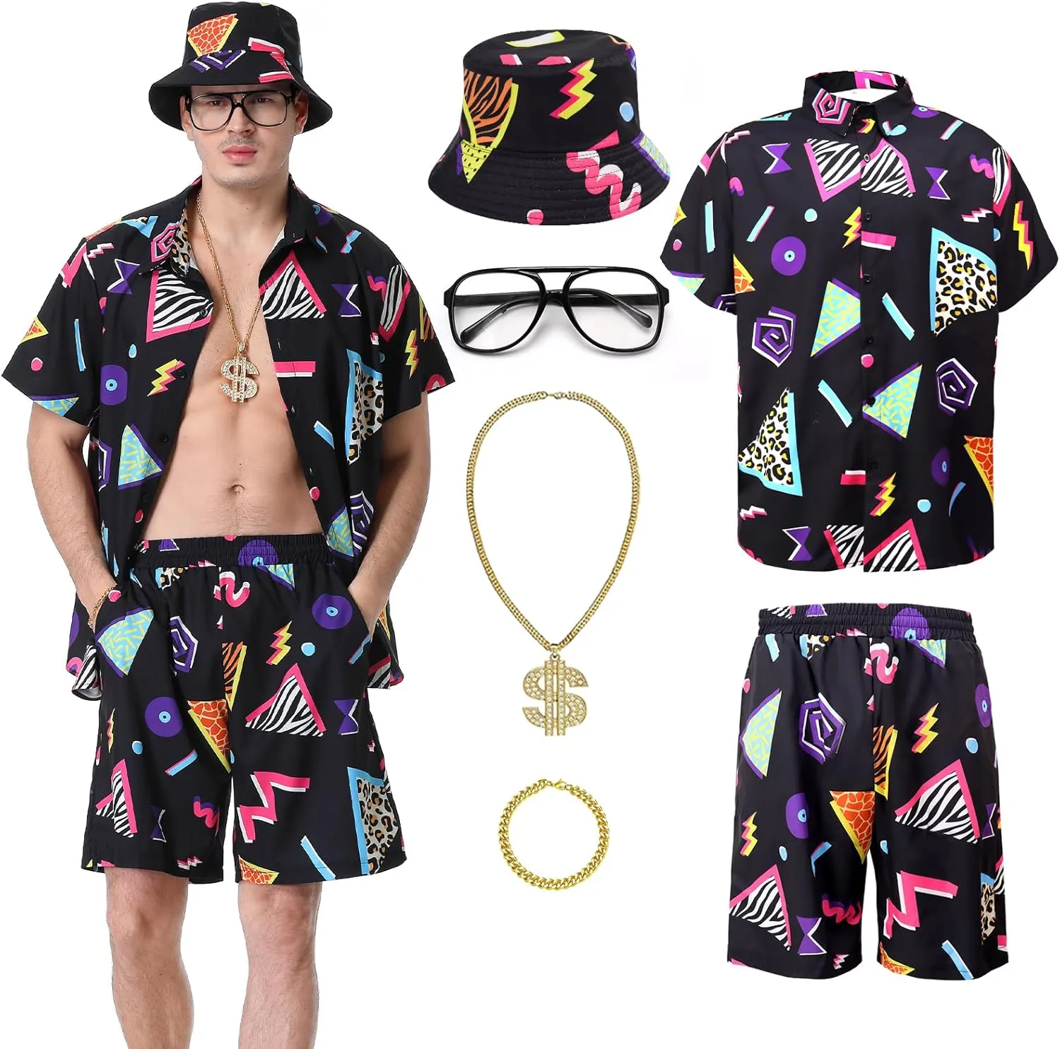 80s 90s Outfit for Men Hawaiian Shirts and Shorts Set, Mens 80s 90s Tracksuit for Disco Party Men Retro 80s Beach Outfits