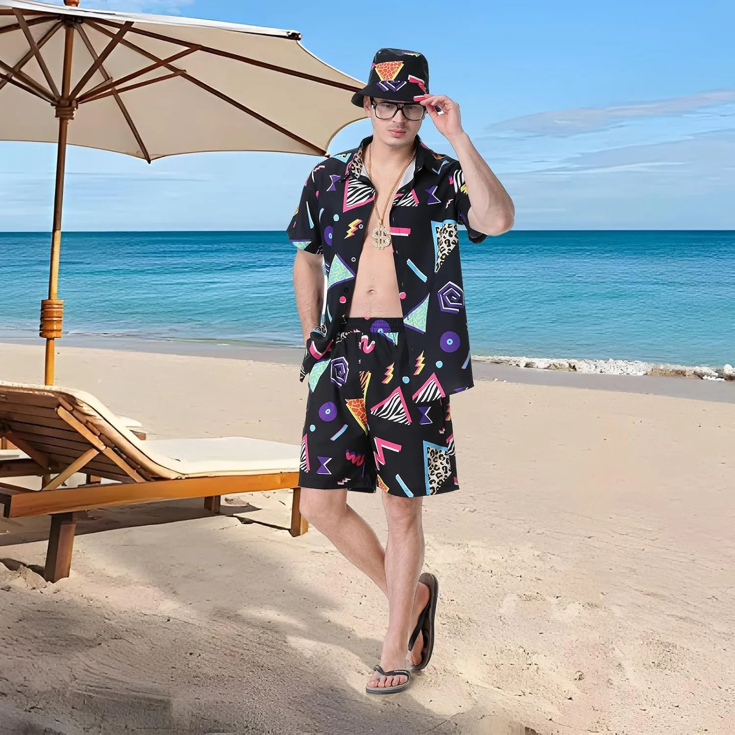 80s 90s Outfit for Men Hawaiian Shirts and Shorts Set, Mens 80s 90s Tracksuit for Disco Party Men Retro 80s Beach Outfits