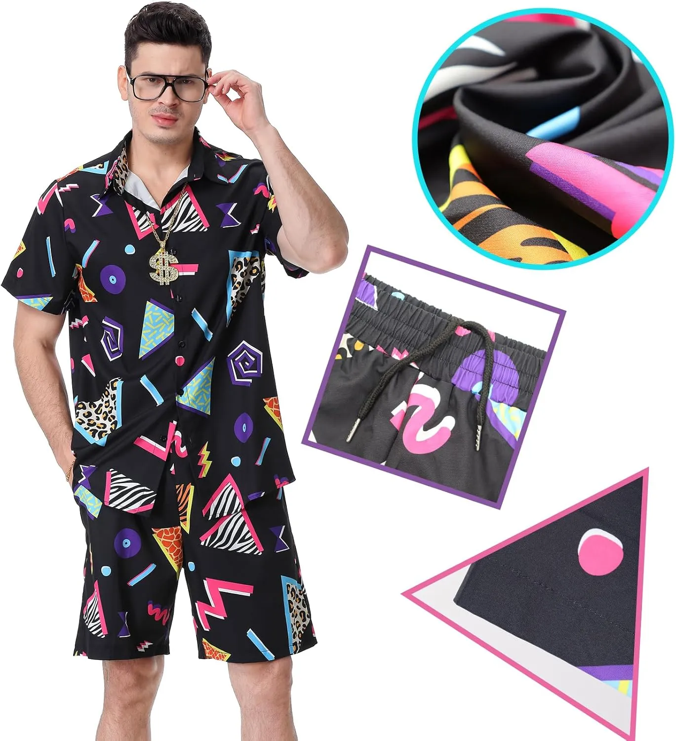 80s 90s Outfit for Men Hawaiian Shirts and Shorts Set, Mens 80s 90s Tracksuit for Disco Party Men Retro 80s Beach Outfits