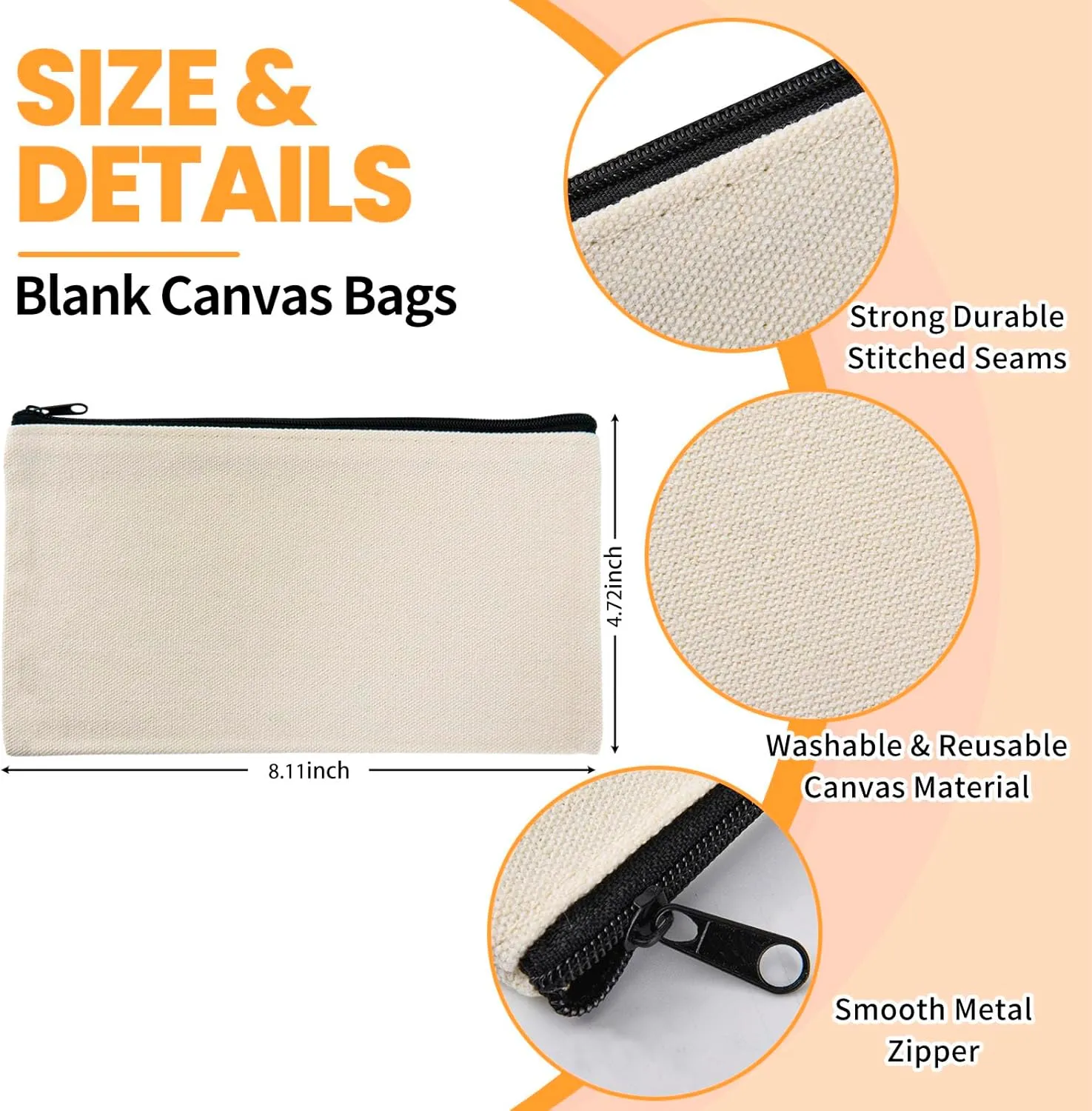 8×4.7 Inch Blank DIY Craft Bag Canvas Pencil Case Blank Makeup Bags- Canvas Pencil Pouch Bulk Canvas Cosmetic Bag Multi-Purpose Travel Toiletry Bag Canvas Zipper Bags