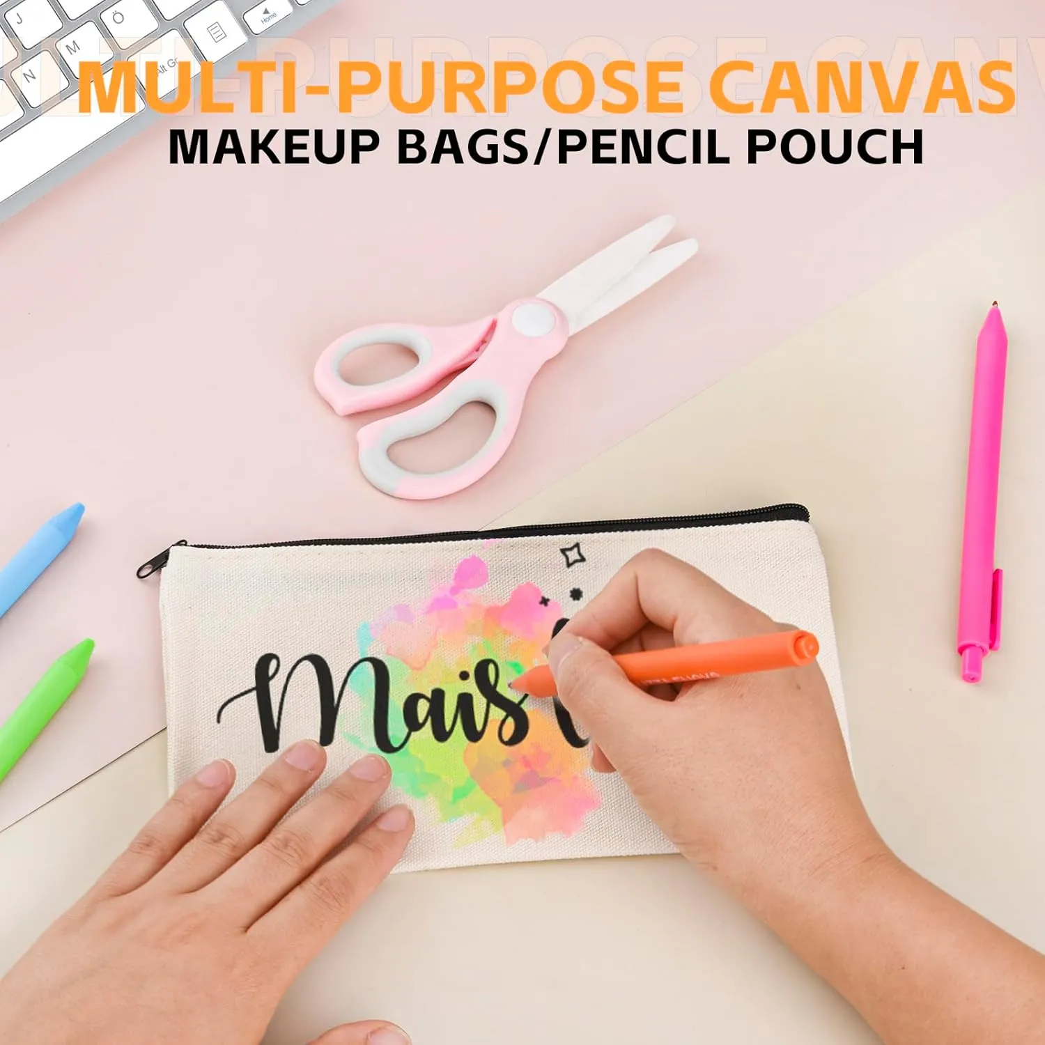 8×4.7 Inch Blank DIY Craft Bag Canvas Pencil Case Blank Makeup Bags- Canvas Pencil Pouch Bulk Canvas Cosmetic Bag Multi-Purpose Travel Toiletry Bag Canvas Zipper Bags