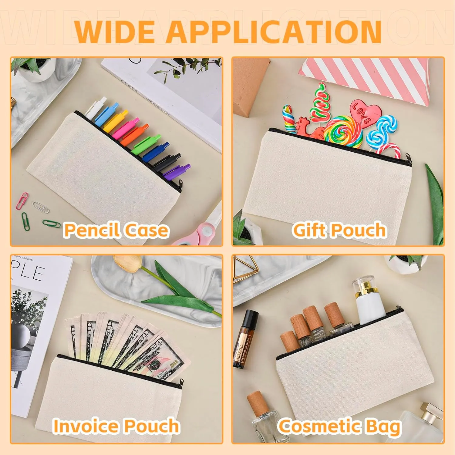 8×4.7 Inch Blank DIY Craft Bag Canvas Pencil Case Blank Makeup Bags- Canvas Pencil Pouch Bulk Canvas Cosmetic Bag Multi-Purpose Travel Toiletry Bag Canvas Zipper Bags