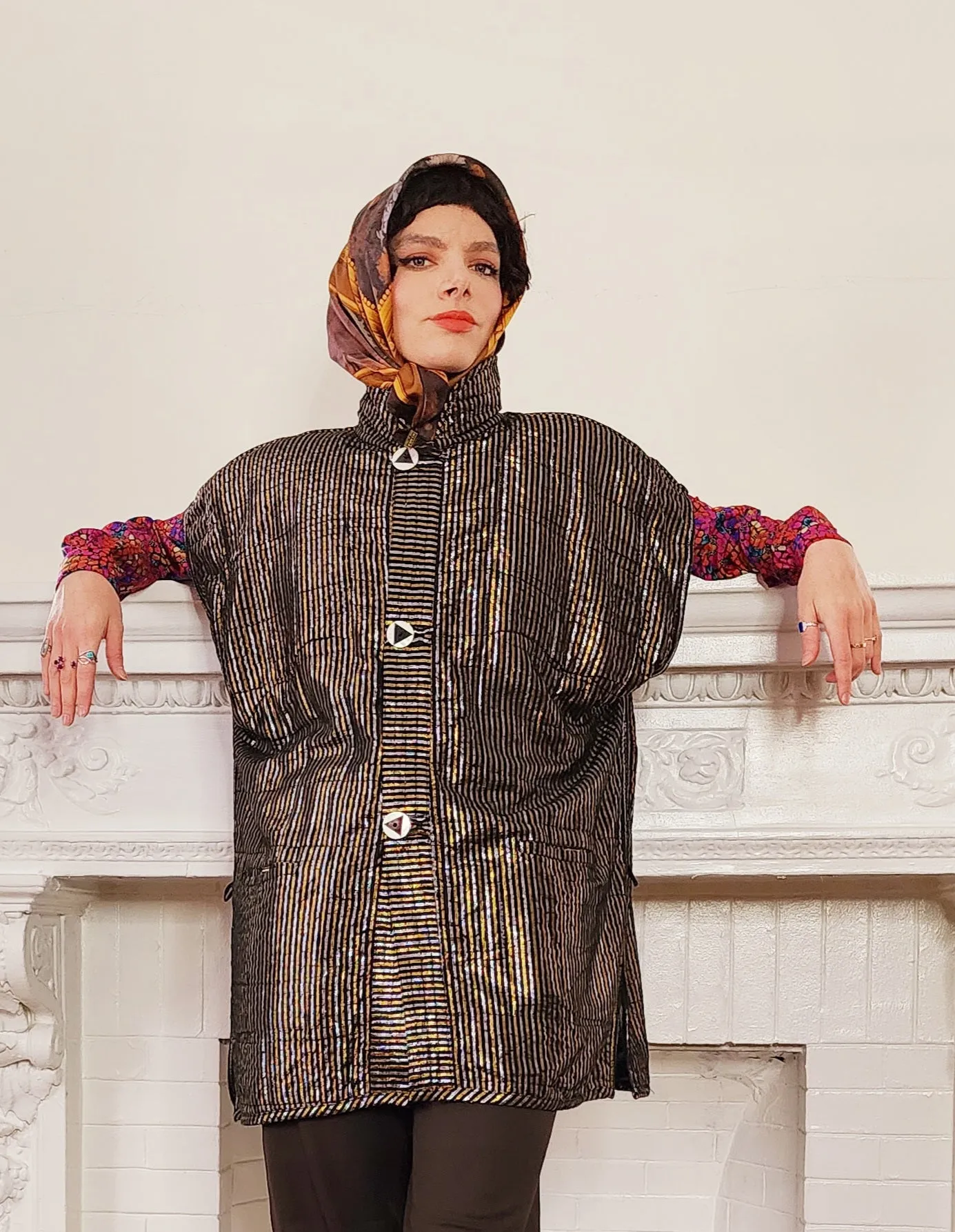 90s Artisinal Handmade Jacket Tunic Vest Reversible in Mixed Media & Leather by Nadya Bali