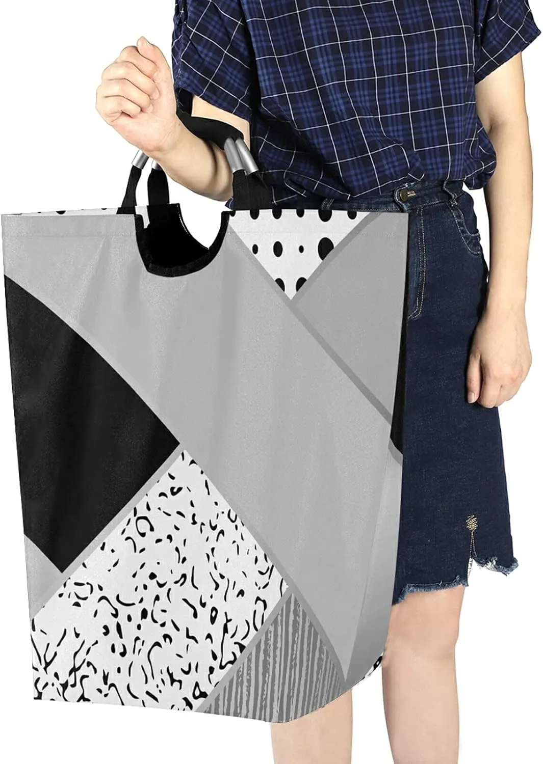 Abstract Art Scrapbook Triangle White Black Grey Pattern with Dots Laundry Hamper Basket Bucket, Foldable Dirty Clothes Bag, Waterproof Fabric Washing Bin, Toy Storage with Handles for Bathroom