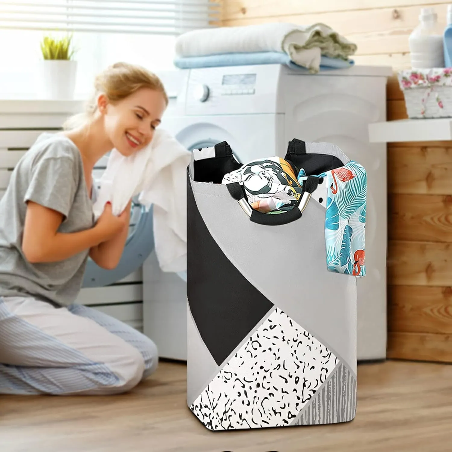 Abstract Art Scrapbook Triangle White Black Grey Pattern with Dots Laundry Hamper Basket Bucket, Foldable Dirty Clothes Bag, Waterproof Fabric Washing Bin, Toy Storage with Handles for Bathroom