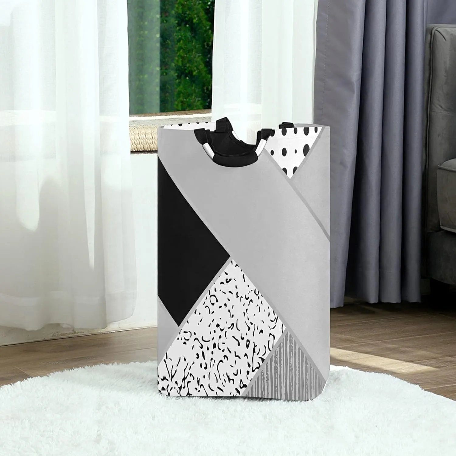 Abstract Art Scrapbook Triangle White Black Grey Pattern with Dots Laundry Hamper Basket Bucket, Foldable Dirty Clothes Bag, Waterproof Fabric Washing Bin, Toy Storage with Handles for Bathroom