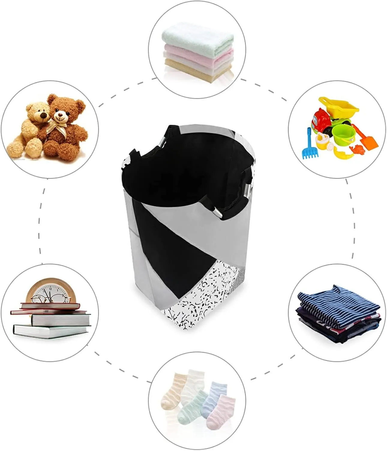 Abstract Art Scrapbook Triangle White Black Grey Pattern with Dots Laundry Hamper Basket Bucket, Foldable Dirty Clothes Bag, Waterproof Fabric Washing Bin, Toy Storage with Handles for Bathroom