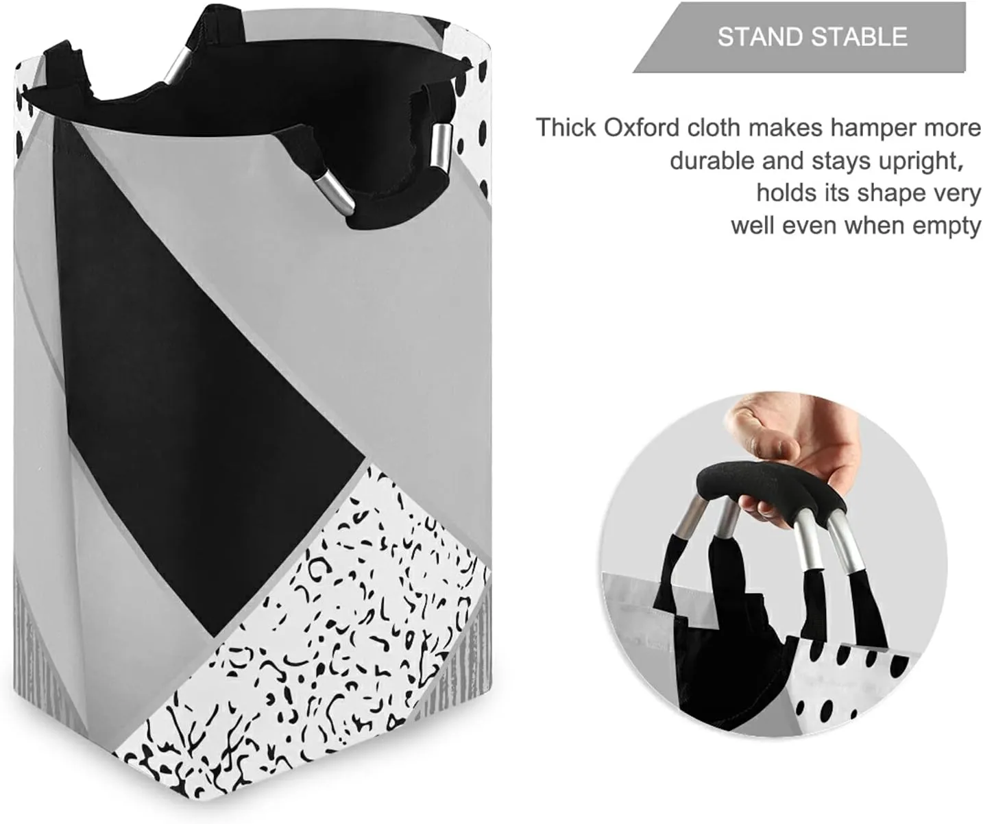 Abstract Art Scrapbook Triangle White Black Grey Pattern with Dots Laundry Hamper Basket Bucket, Foldable Dirty Clothes Bag, Waterproof Fabric Washing Bin, Toy Storage with Handles for Bathroom