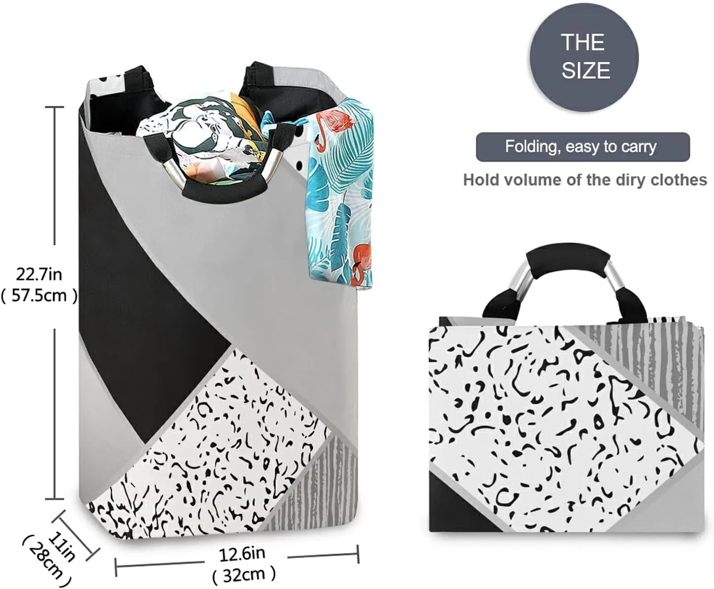 Abstract Art Scrapbook Triangle White Black Grey Pattern with Dots Laundry Hamper Basket Bucket, Foldable Dirty Clothes Bag, Waterproof Fabric Washing Bin, Toy Storage with Handles for Bathroom