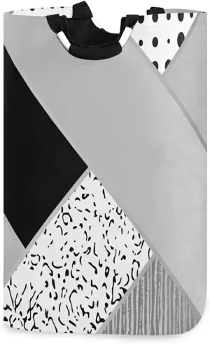 Abstract Art Scrapbook Triangle White Black Grey Pattern with Dots Laundry Hamper Basket Bucket, Foldable Dirty Clothes Bag, Waterproof Fabric Washing Bin, Toy Storage with Handles for Bathroom