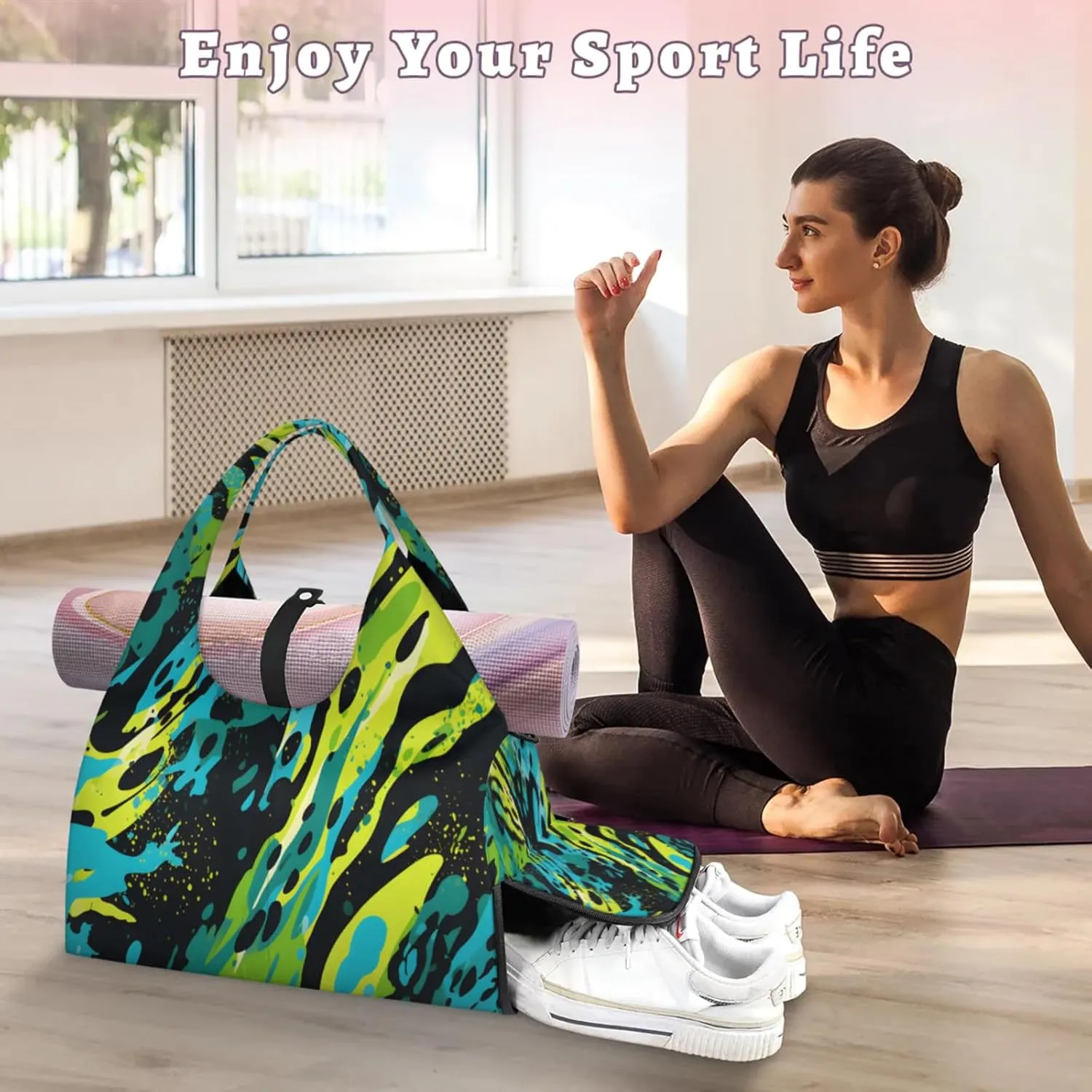 Abstract Splash Canvas Waterproof Gym Bag for Men Women, Sports Duffel Bag with Shoe Compartment Yoga Mat Holder, Portable Large Travel Bag for Fitness, Camping, Weekend Trips