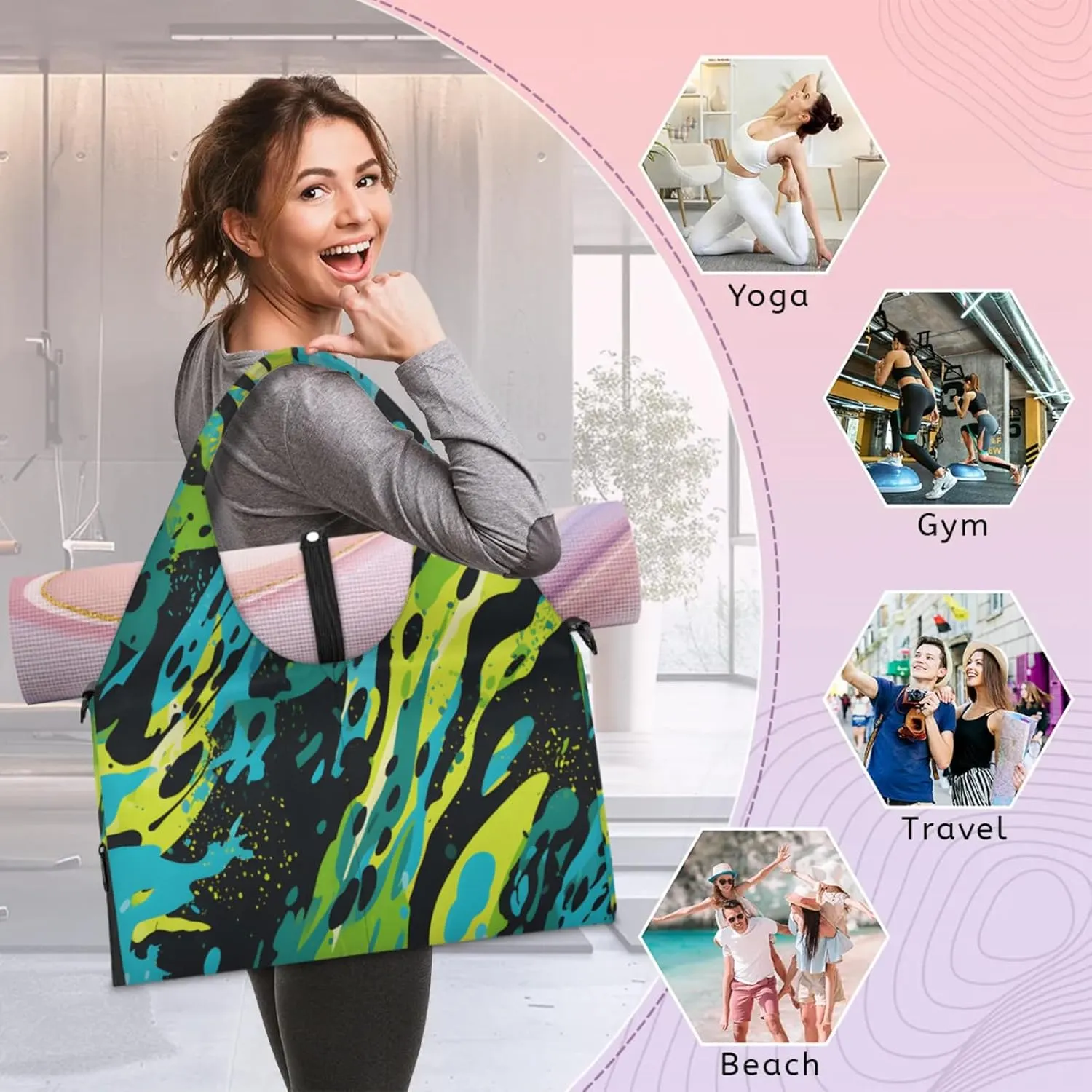 Abstract Splash Canvas Waterproof Gym Bag for Men Women, Sports Duffel Bag with Shoe Compartment Yoga Mat Holder, Portable Large Travel Bag for Fitness, Camping, Weekend Trips