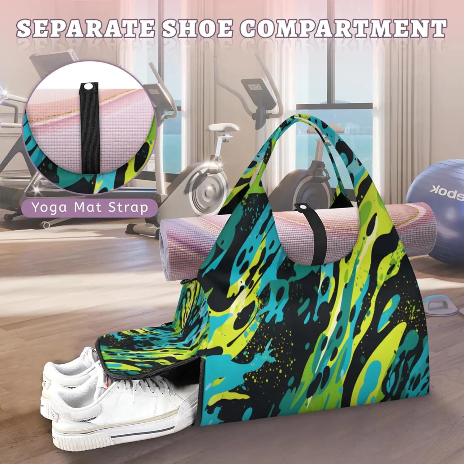 Abstract Splash Canvas Waterproof Gym Bag for Men Women, Sports Duffel Bag with Shoe Compartment Yoga Mat Holder, Portable Large Travel Bag for Fitness, Camping, Weekend Trips