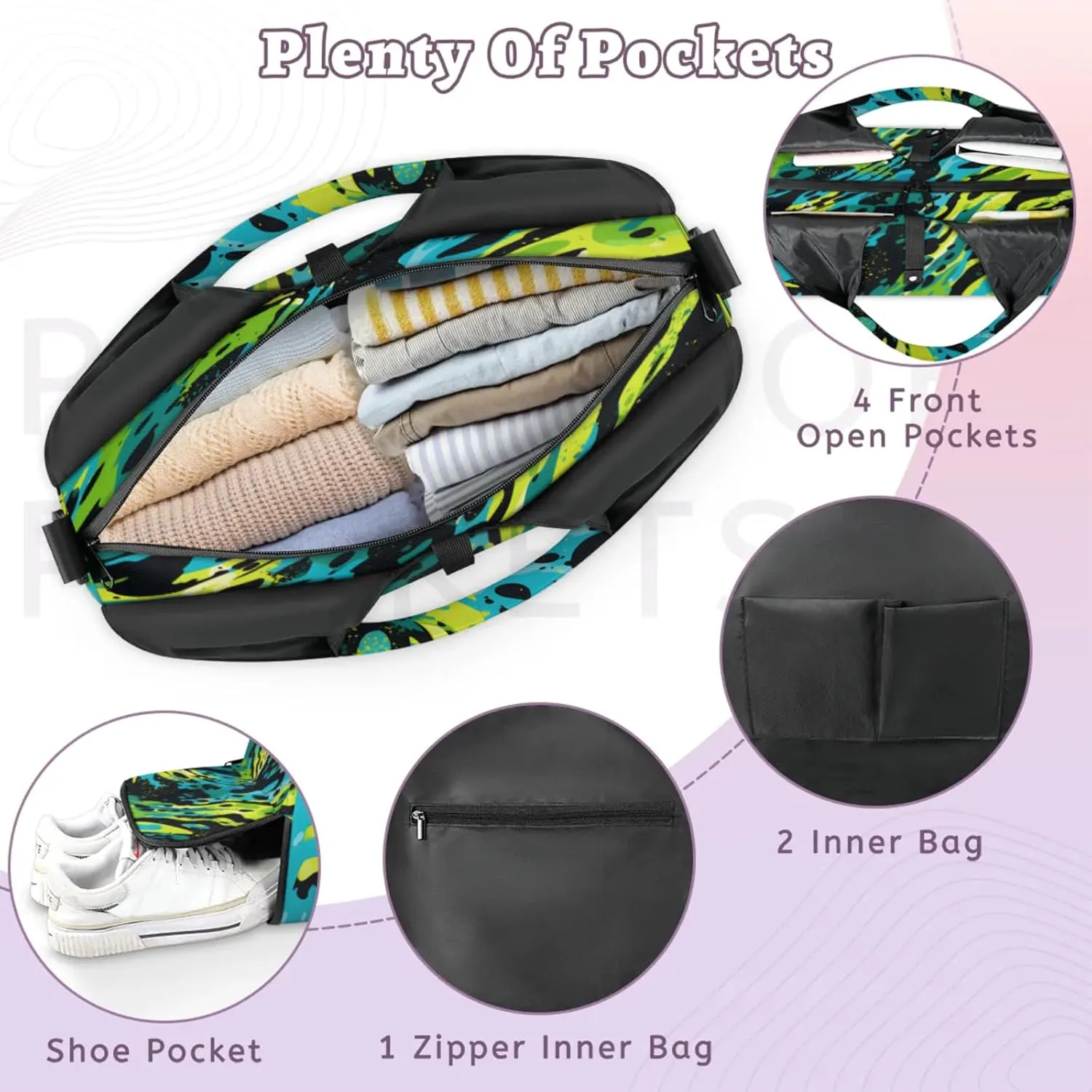 Abstract Splash Canvas Waterproof Gym Bag for Men Women, Sports Duffel Bag with Shoe Compartment Yoga Mat Holder, Portable Large Travel Bag for Fitness, Camping, Weekend Trips