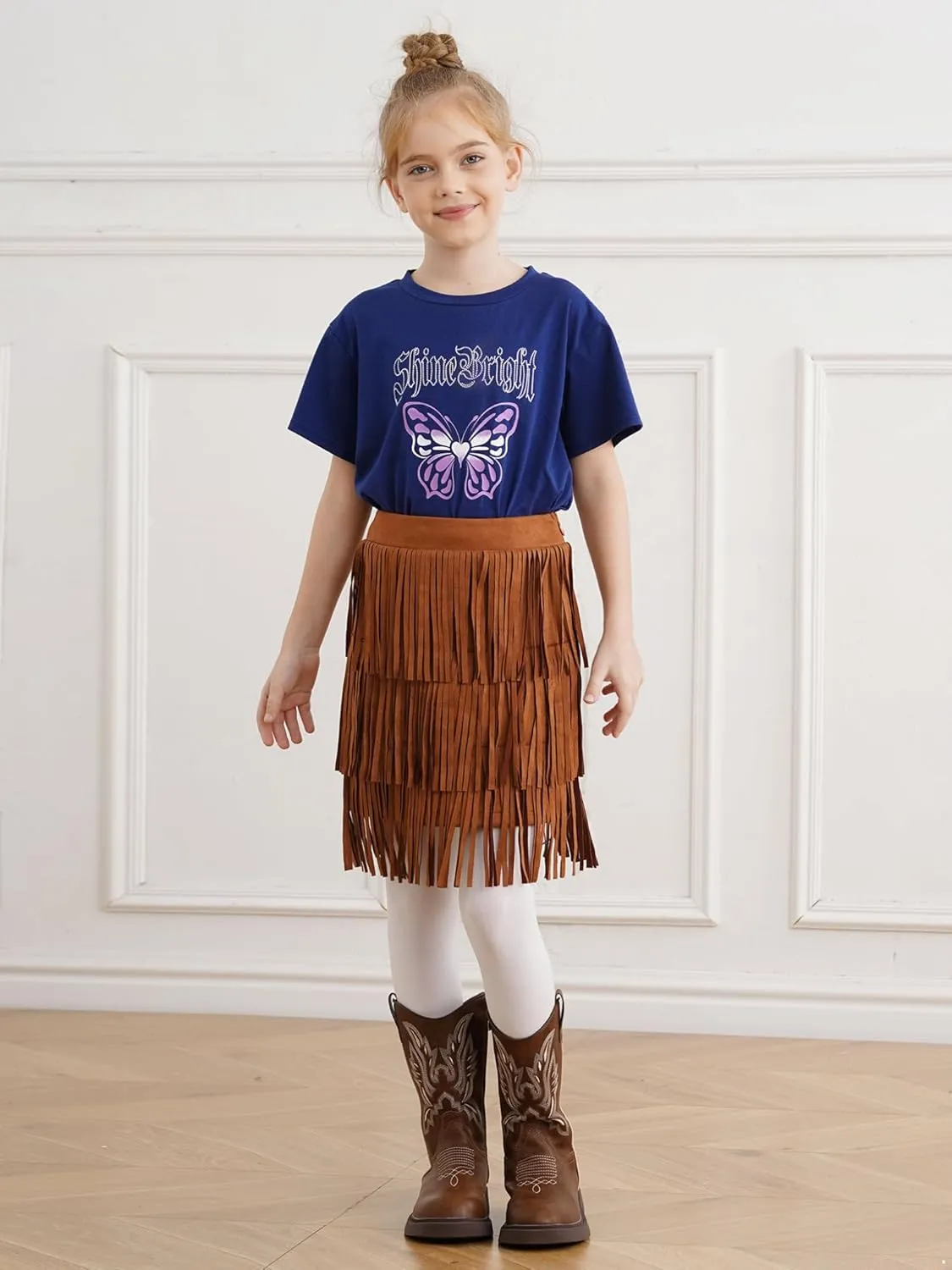 ACSUSS Faux Suede Boho Tassel Trim Skirt for Girls Kids Fringe Western Cowgirl Mini Skirt for Country Concert