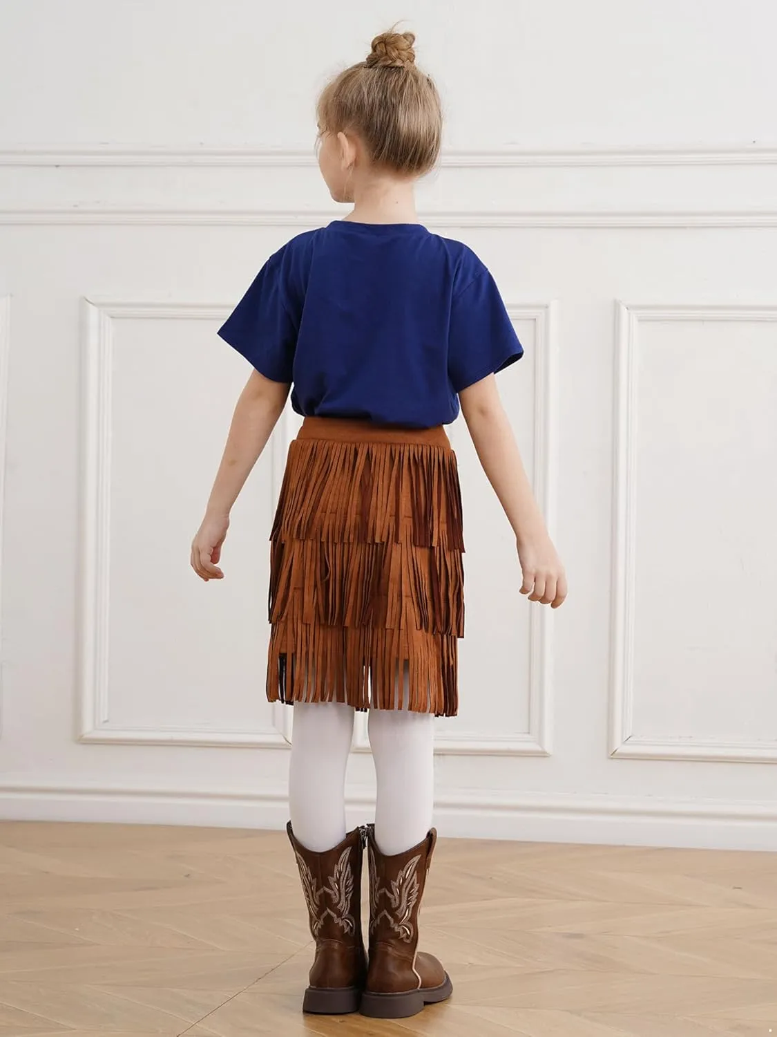 ACSUSS Faux Suede Boho Tassel Trim Skirt for Girls Kids Fringe Western Cowgirl Mini Skirt for Country Concert
