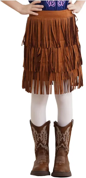 ACSUSS Faux Suede Boho Tassel Trim Skirt for Girls Kids Fringe Western Cowgirl Mini Skirt for Country Concert