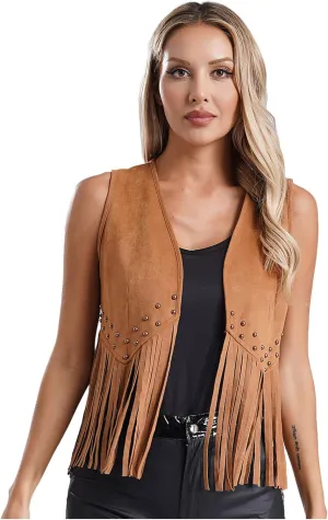 ACSUSS Women's Tassel Vest 70s Hippie Faux Suede Sleeveless Fringe Jacket Western Cowgirl Outfit