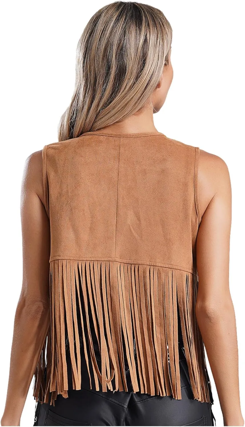ACSUSS Women's Tassel Vest 70s Hippie Faux Suede Sleeveless Fringe Jacket Western Cowgirl Outfit