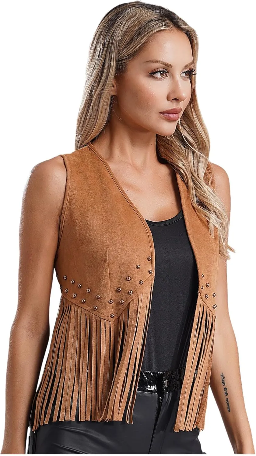 ACSUSS Women's Tassel Vest 70s Hippie Faux Suede Sleeveless Fringe Jacket Western Cowgirl Outfit
