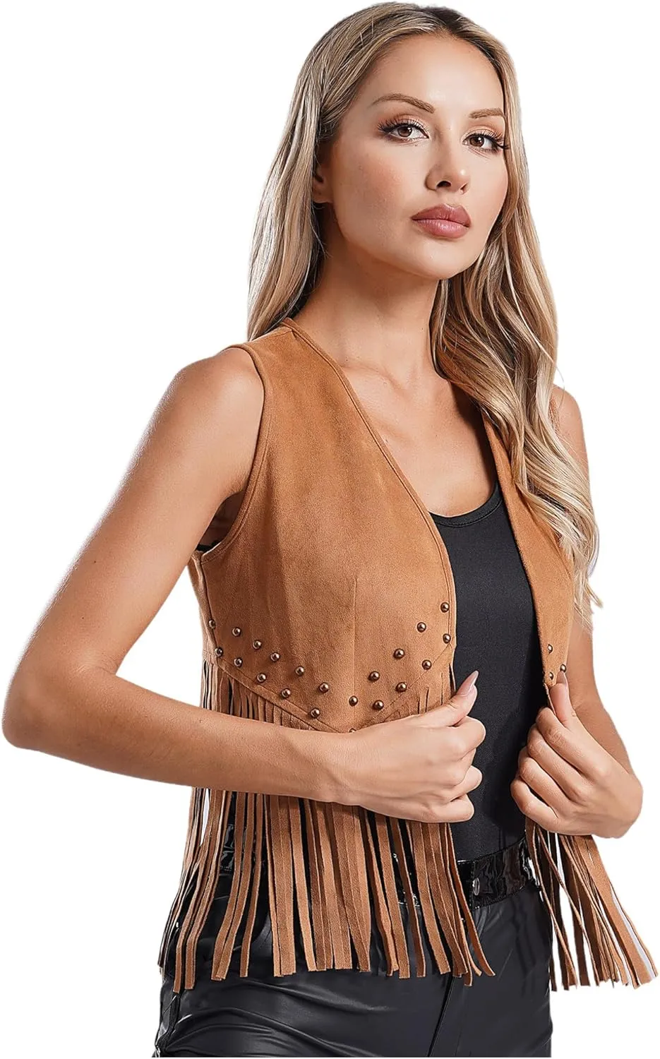 ACSUSS Women's Tassel Vest 70s Hippie Faux Suede Sleeveless Fringe Jacket Western Cowgirl Outfit