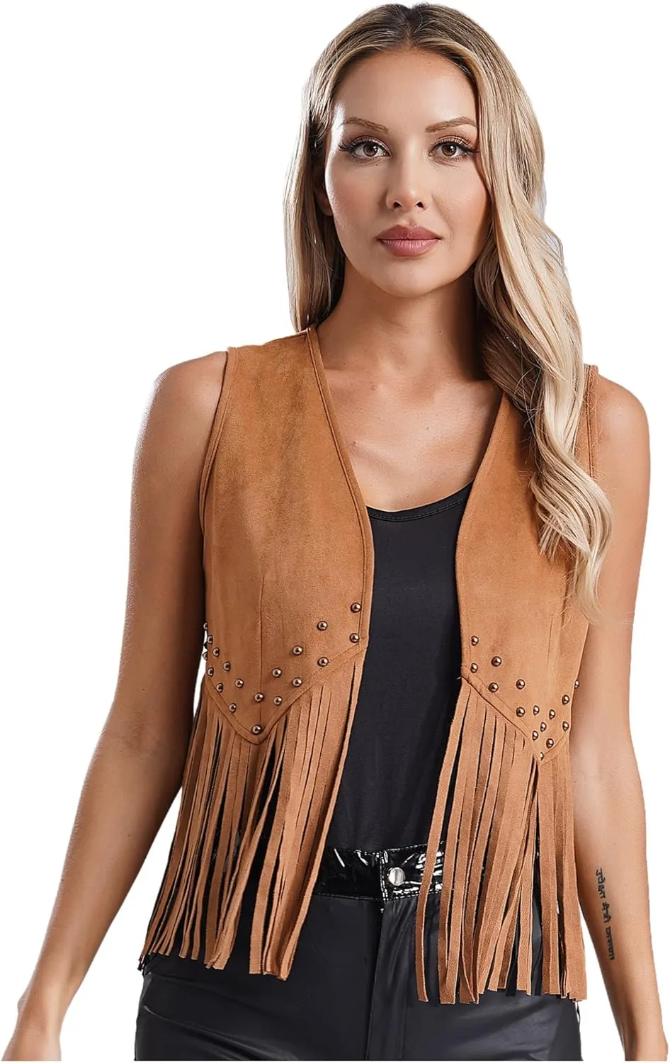 ACSUSS Women's Tassel Vest 70s Hippie Faux Suede Sleeveless Fringe Jacket Western Cowgirl Outfit
