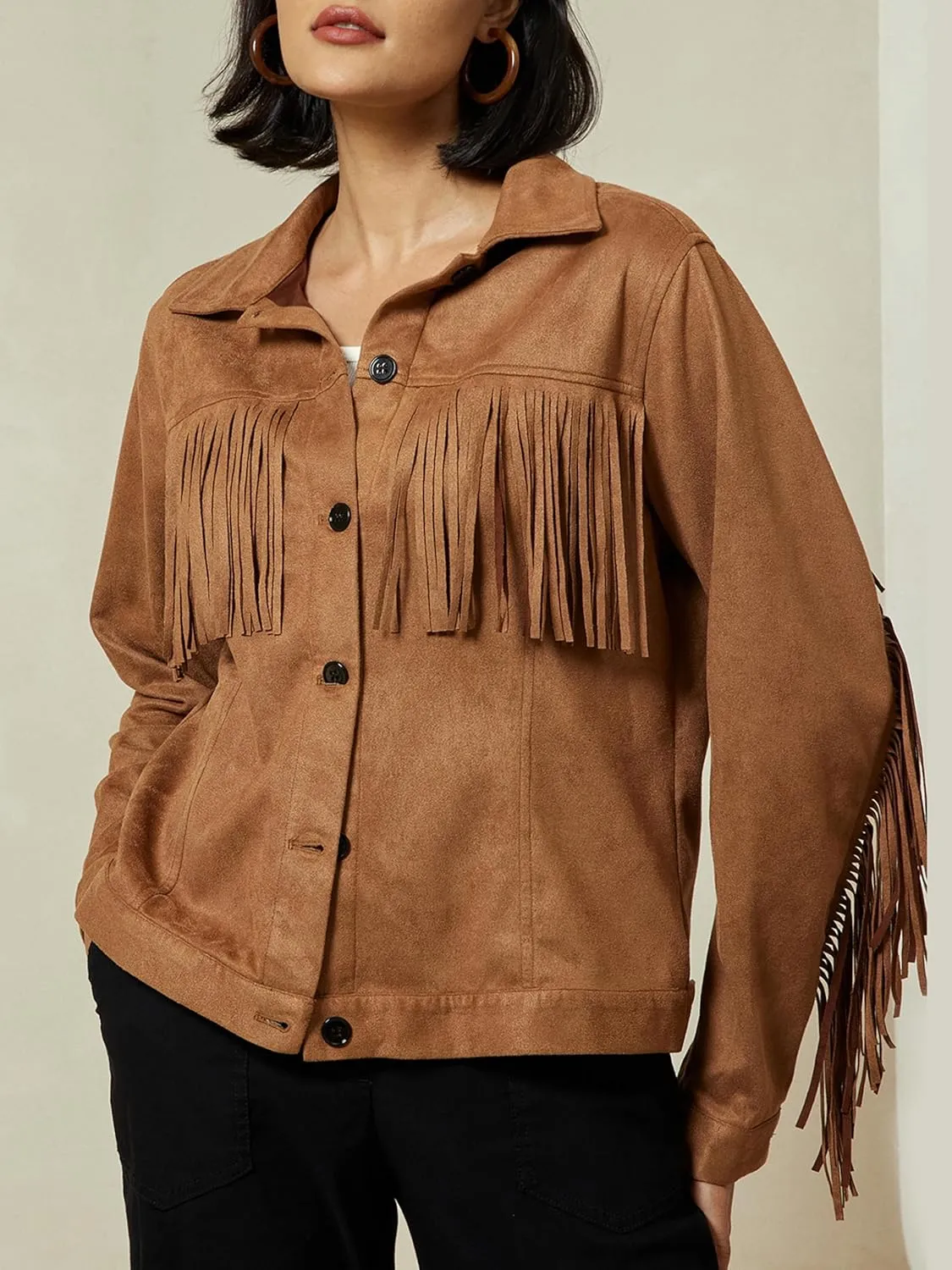 ADOR Faux Suede Jacket Women Fringe Casual Button Down Long Sleeve Cowgirl Style Coat for Fall Outfits