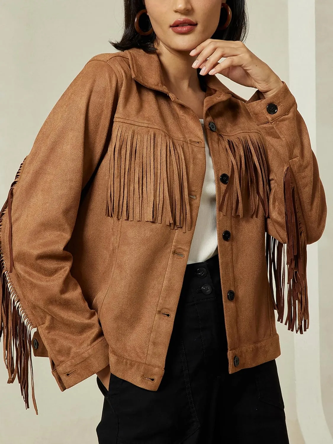 ADOR Faux Suede Jacket Women Fringe Casual Button Down Long Sleeve Cowgirl Style Coat for Fall Outfits