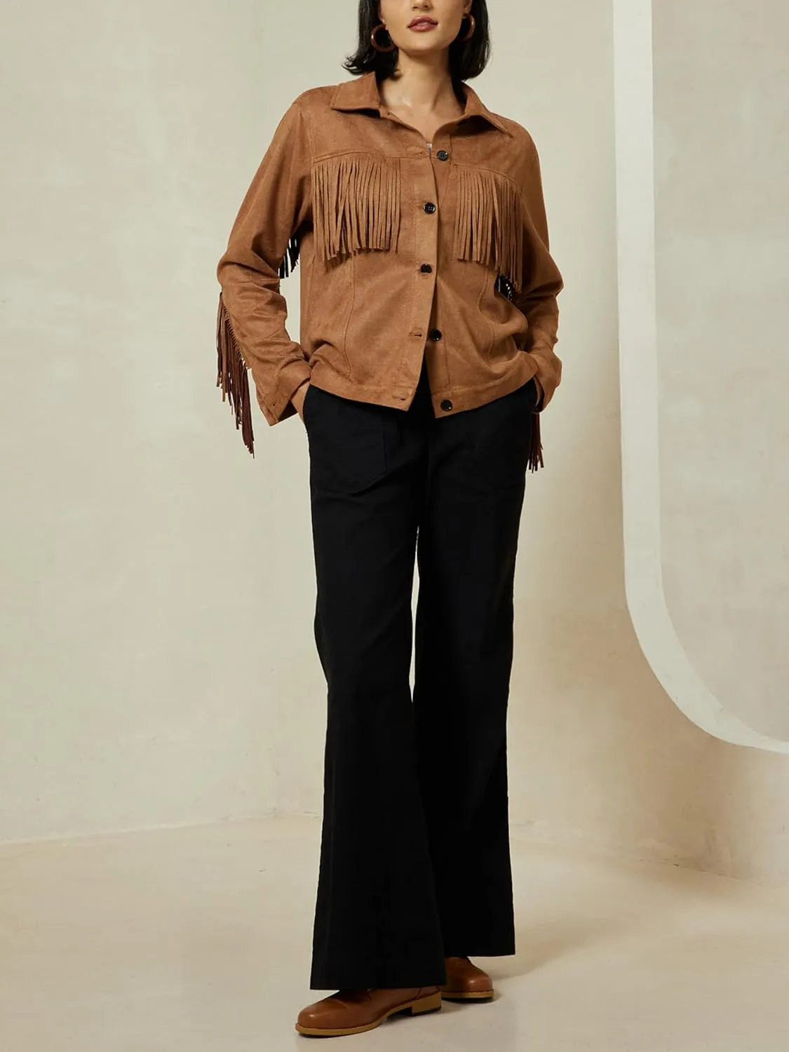 ADOR Faux Suede Jacket Women Fringe Casual Button Down Long Sleeve Cowgirl Style Coat for Fall Outfits