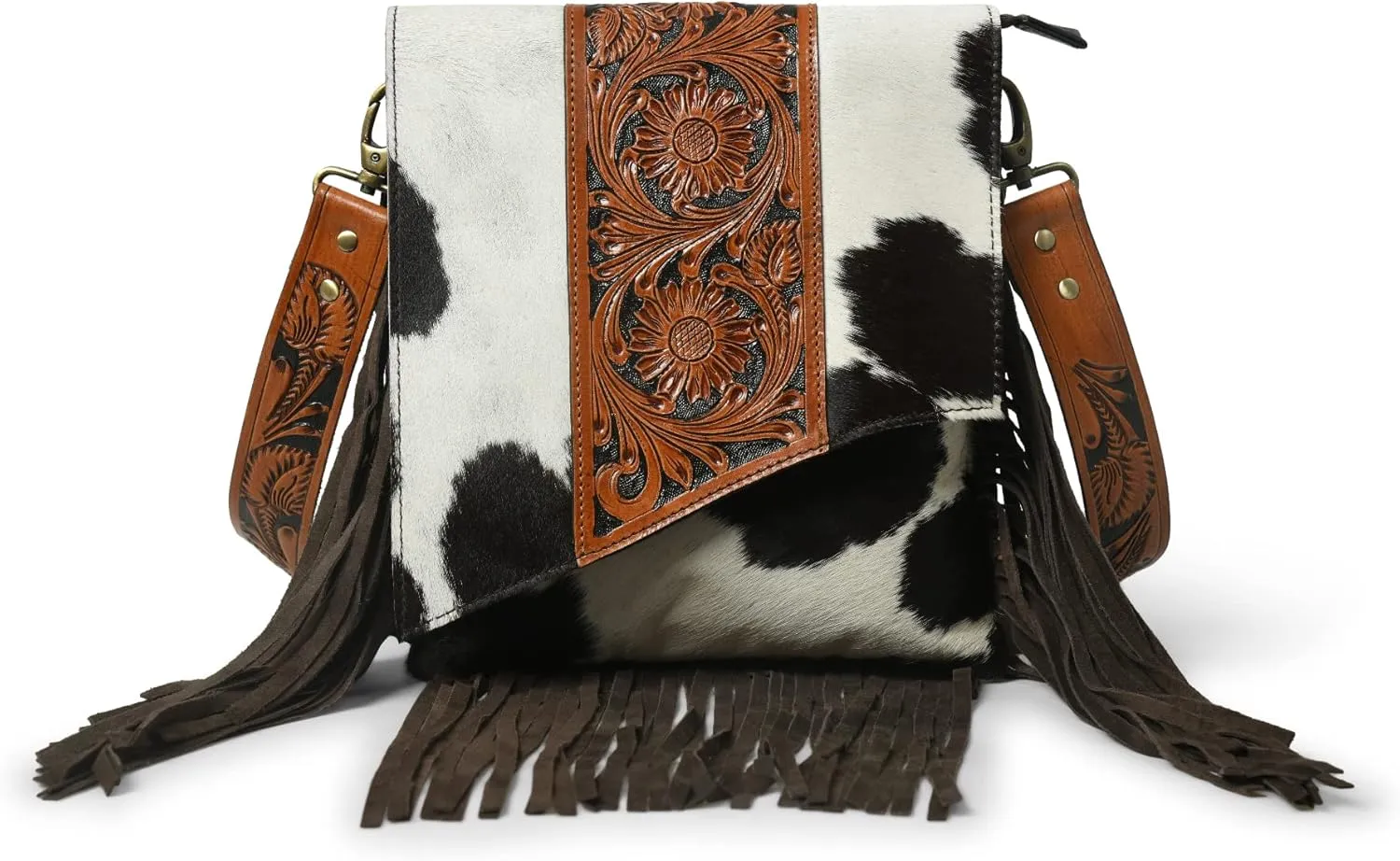 ADYAN Women's Western Handcrafted Hair On Genuine Leather Cross Body Sling Bag Purses for Women | Floral Hand Tooled With Suede Fringes and Adjustable and Detachable Leather Shoulder Strap