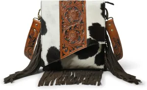 ADYAN Women's Western Handcrafted Hair On Genuine Leather Cross Body Sling Bag Purses for Women | Floral Hand Tooled With Suede Fringes and Adjustable and Detachable Leather Shoulder Strap