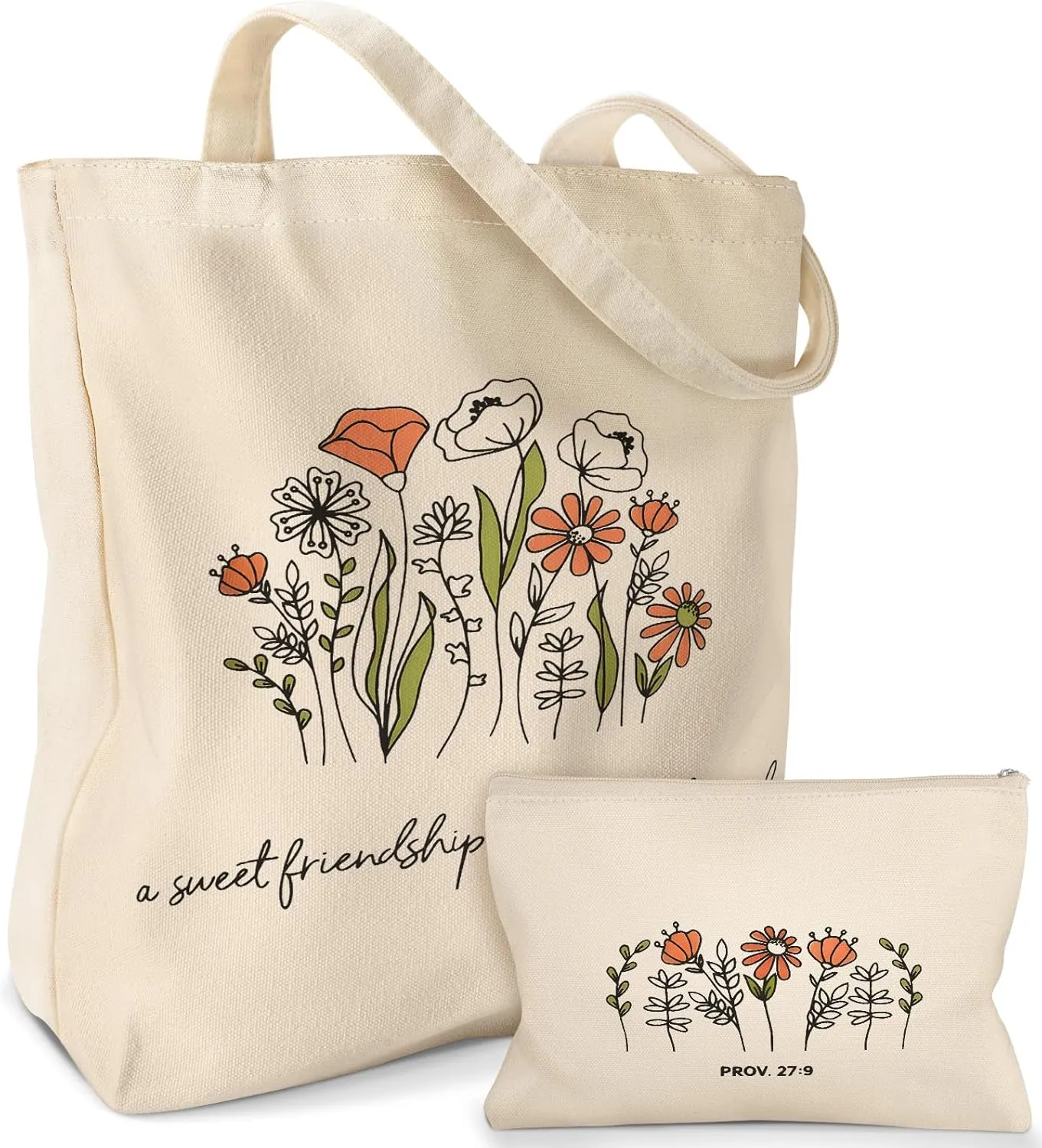 Aesthetic 2 Pack Canvas Tote Bag - with Makeup Zipper Pouch for Women Bag for Shopping, Gym, Travel, Vacation