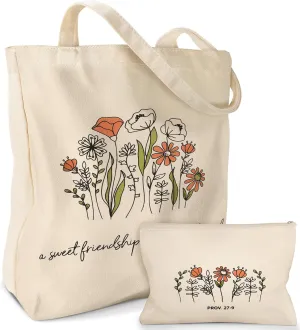 Aesthetic 2 Pack Canvas Tote Bag - with Makeup Zipper Pouch for Women Bag for Shopping, Gym, Travel, Vacation