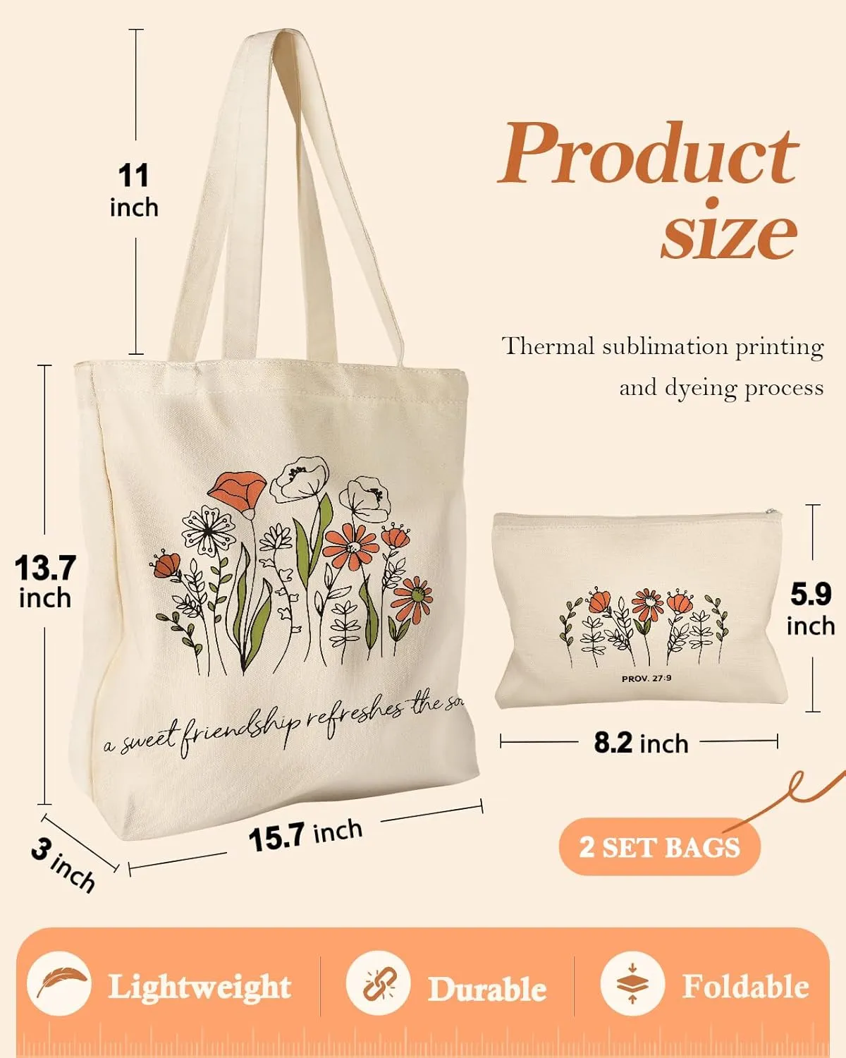 Aesthetic 2 Pack Canvas Tote Bag - with Makeup Zipper Pouch for Women Bag for Shopping, Gym, Travel, Vacation