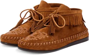 Agodor Women Slouched Ruched Fold Over Ankle Boots Suede Leather Woven Fringe Western Cowboy Boots Flat Lace Up Retro Short Booties