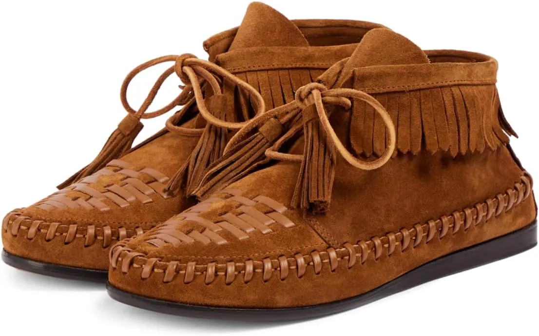 Agodor Women Slouched Ruched Fold Over Ankle Boots Suede Leather Woven Fringe Western Cowboy Boots Flat Lace Up Retro Short Booties