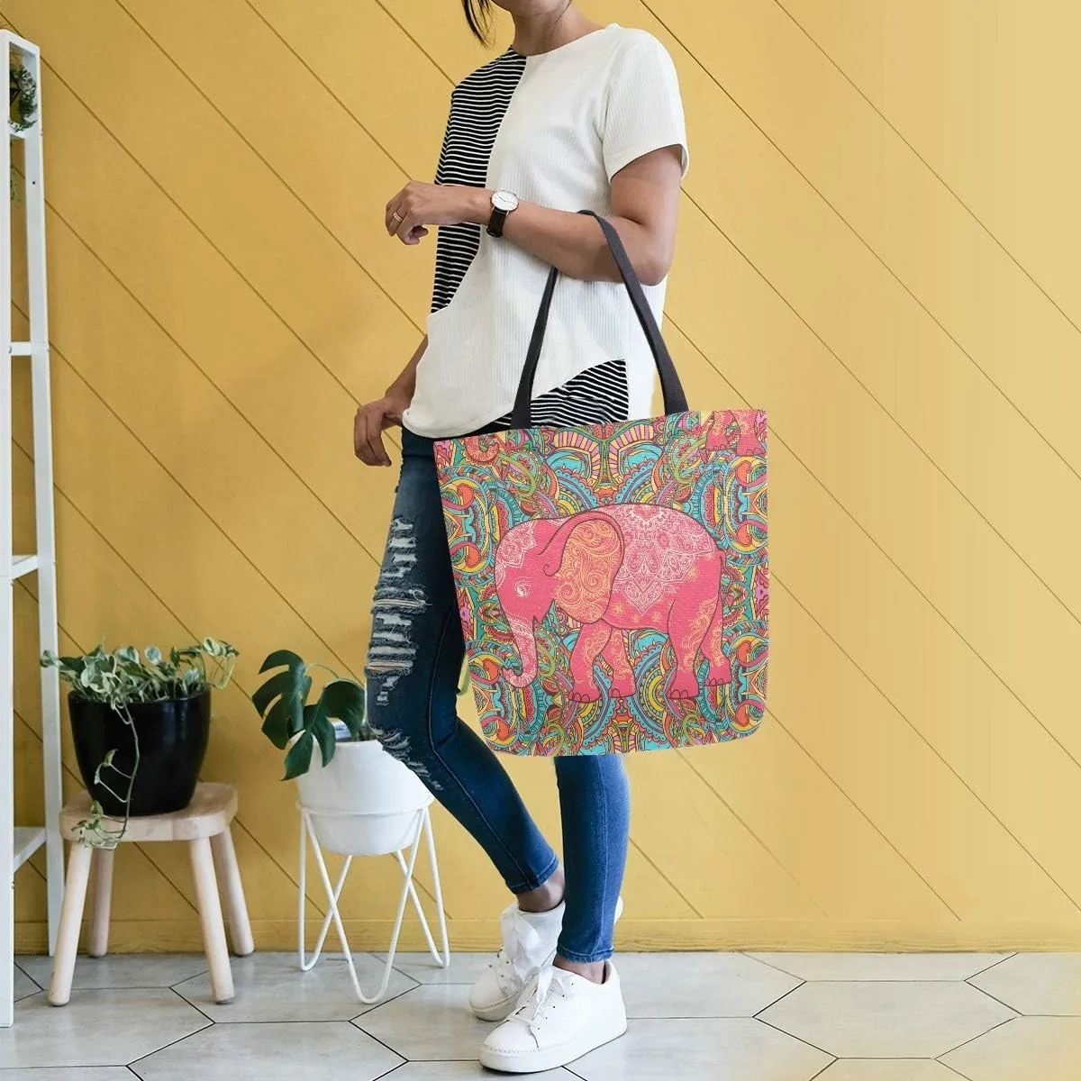 ALAZA Large Canvas Tote Bag African American Woman With Curly Hair Shopping Shoulder Handbag
