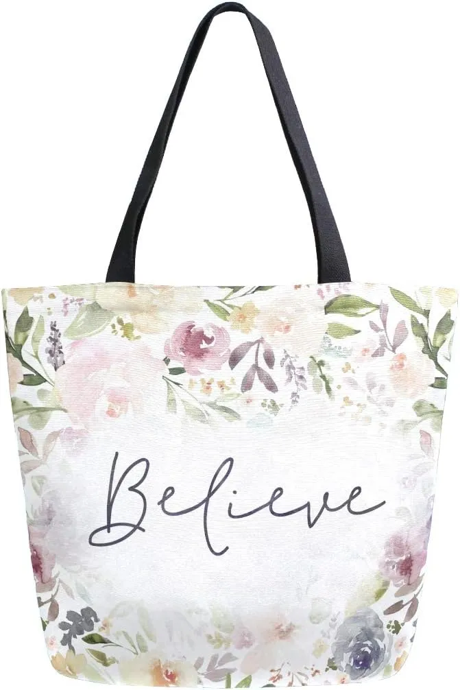 ALAZA Large Canvas Tote Bag Have Believe Rose Flowers Shopping Shoulder Handbag with Small Zippered Pocket
