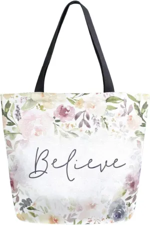 ALAZA Large Canvas Tote Bag Have Believe Rose Flowers Shopping Shoulder Handbag with Small Zippered Pocket