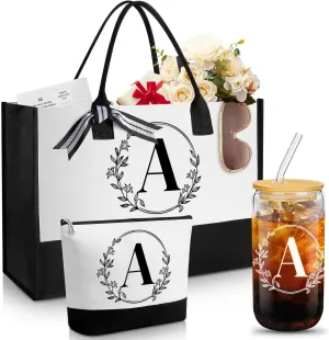 Aliceset Initial Monogram Canvas Tote Bag Personalized Makeup Bag with Zipper 16 oz Glass Cups with Lids Straws Monogrammed(Letter A)