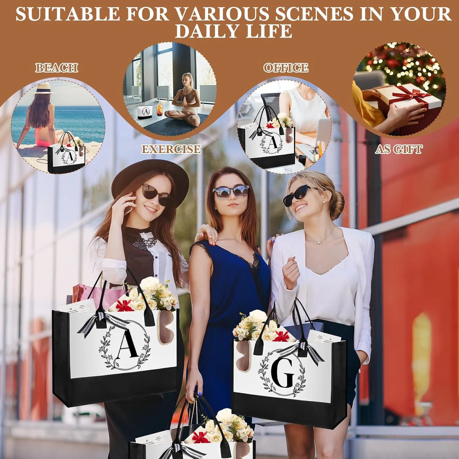 Aliceset Initial Monogram Canvas Tote Bag Personalized Makeup Bag with Zipper 16 oz Glass Cups with Lids Straws Monogrammed(Letter A)