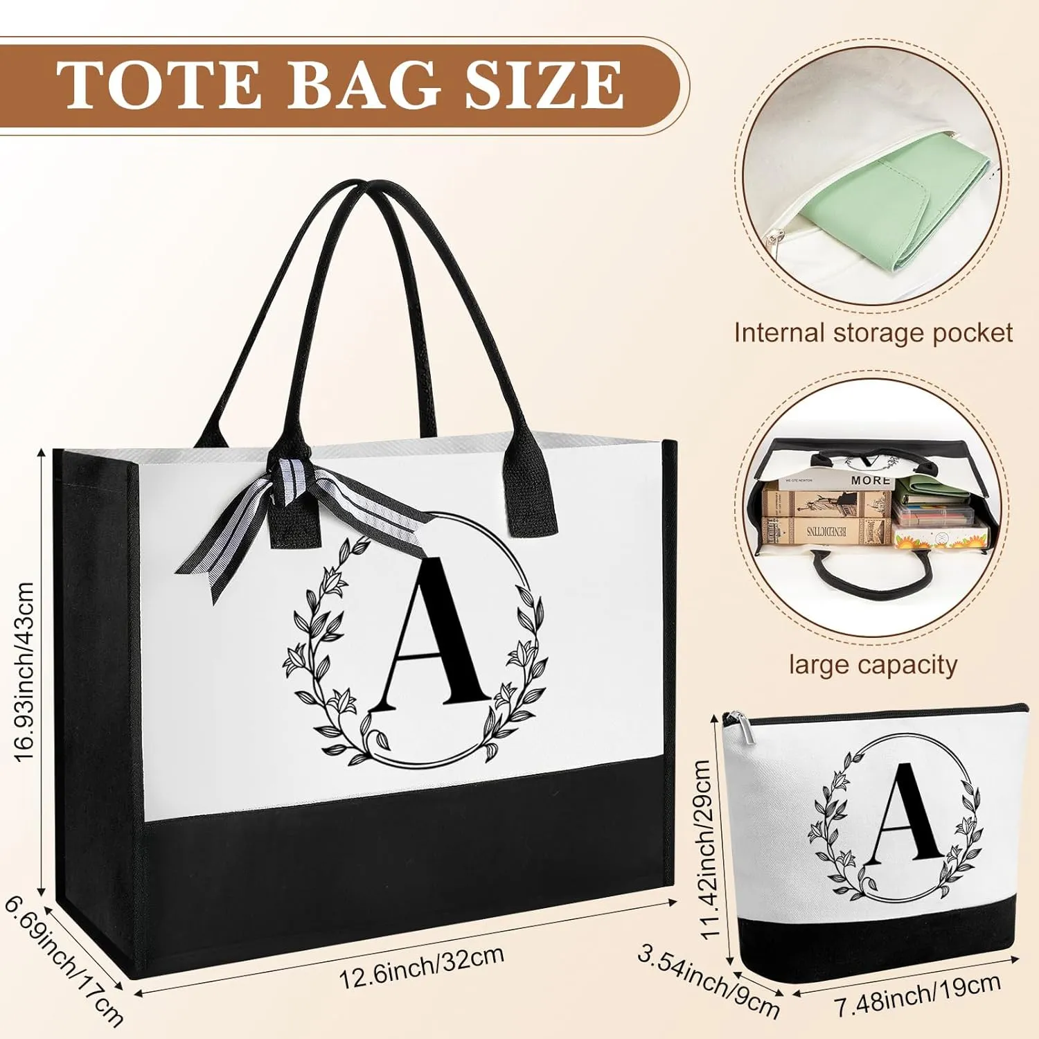 Aliceset Initial Monogram Canvas Tote Bag Personalized Makeup Bag with Zipper 16 oz Glass Cups with Lids Straws Monogrammed(Letter A)