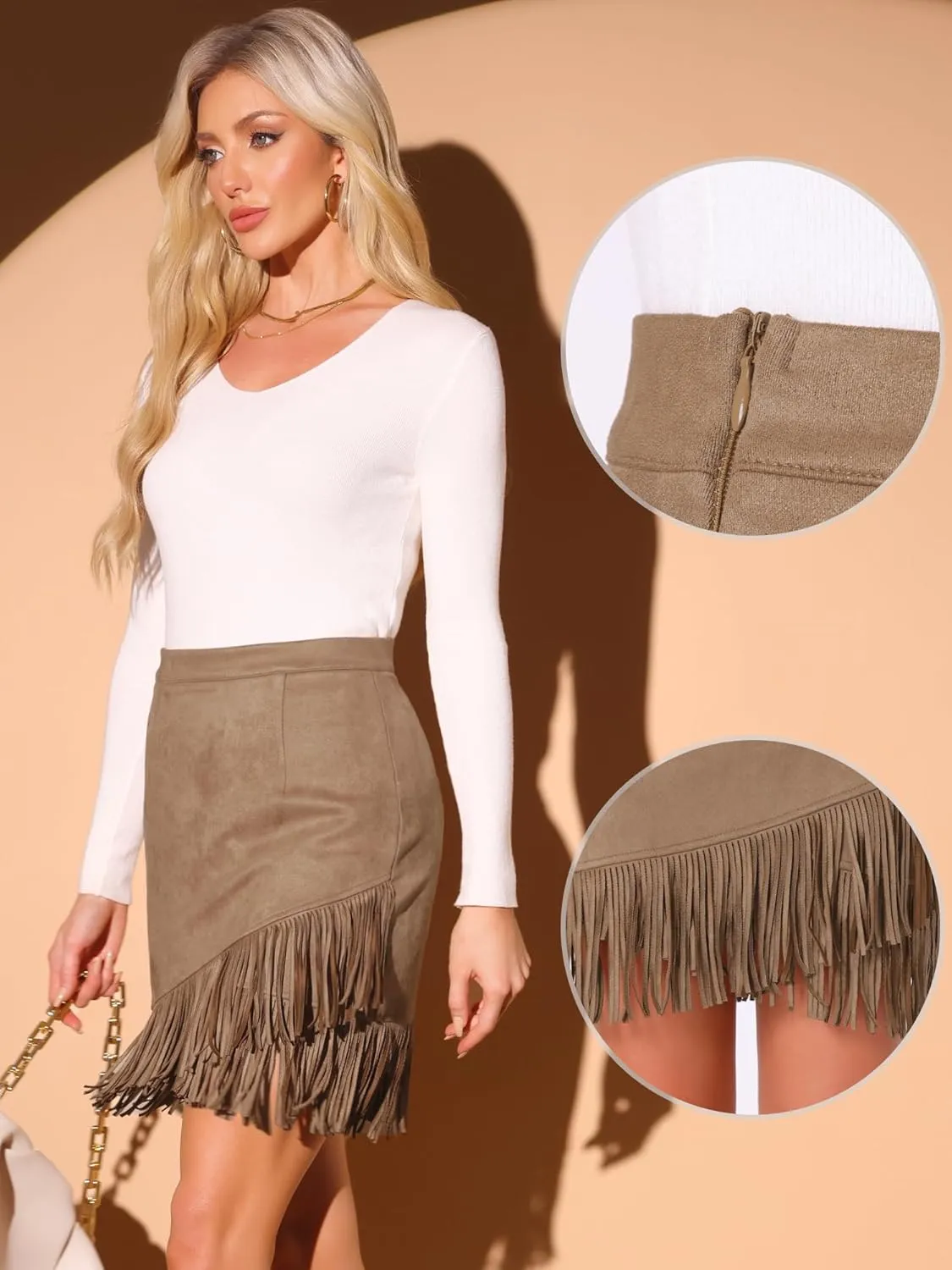 Allegra K Faux Suede Skirt for Women's Vintage High Waist Fringe Trim Stretch Bodycon Mini Skirts