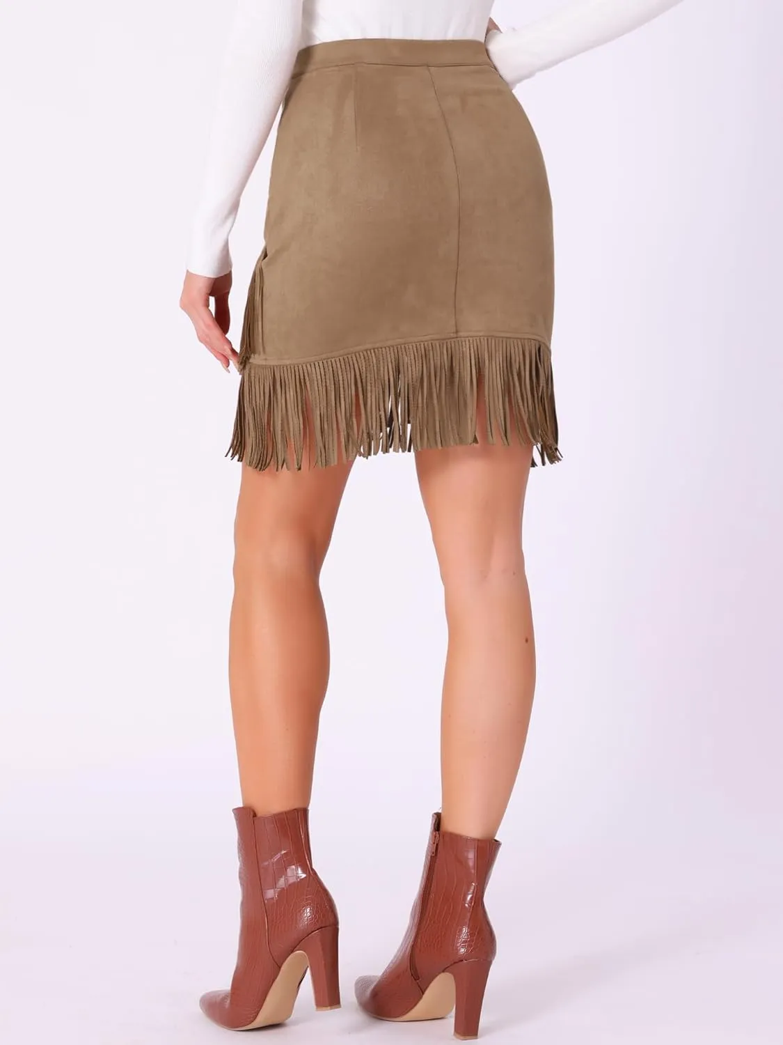 Allegra K Faux Suede Skirt for Women's Vintage High Waist Fringe Trim Stretch Bodycon Mini Skirts