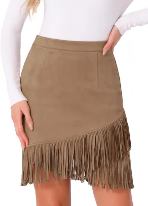 Allegra K Faux Suede Skirt for Women's Vintage High Waist Fringe Trim Stretch Bodycon Mini Skirts