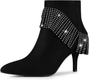Allegra K Women's Fringe Heels Boot Rhinestone Stiletto Heel Ankle Boots