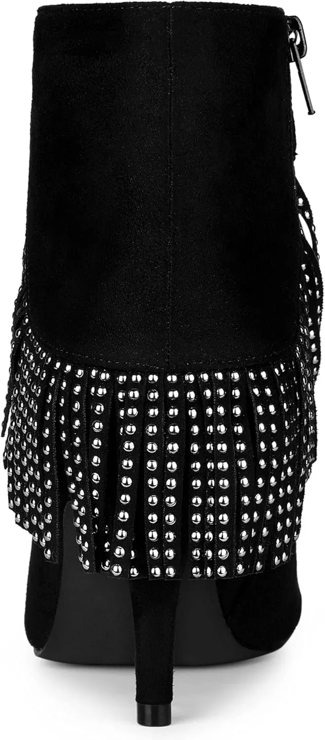 Allegra K Women's Fringe Heels Boot Rhinestone Stiletto Heel Ankle Boots