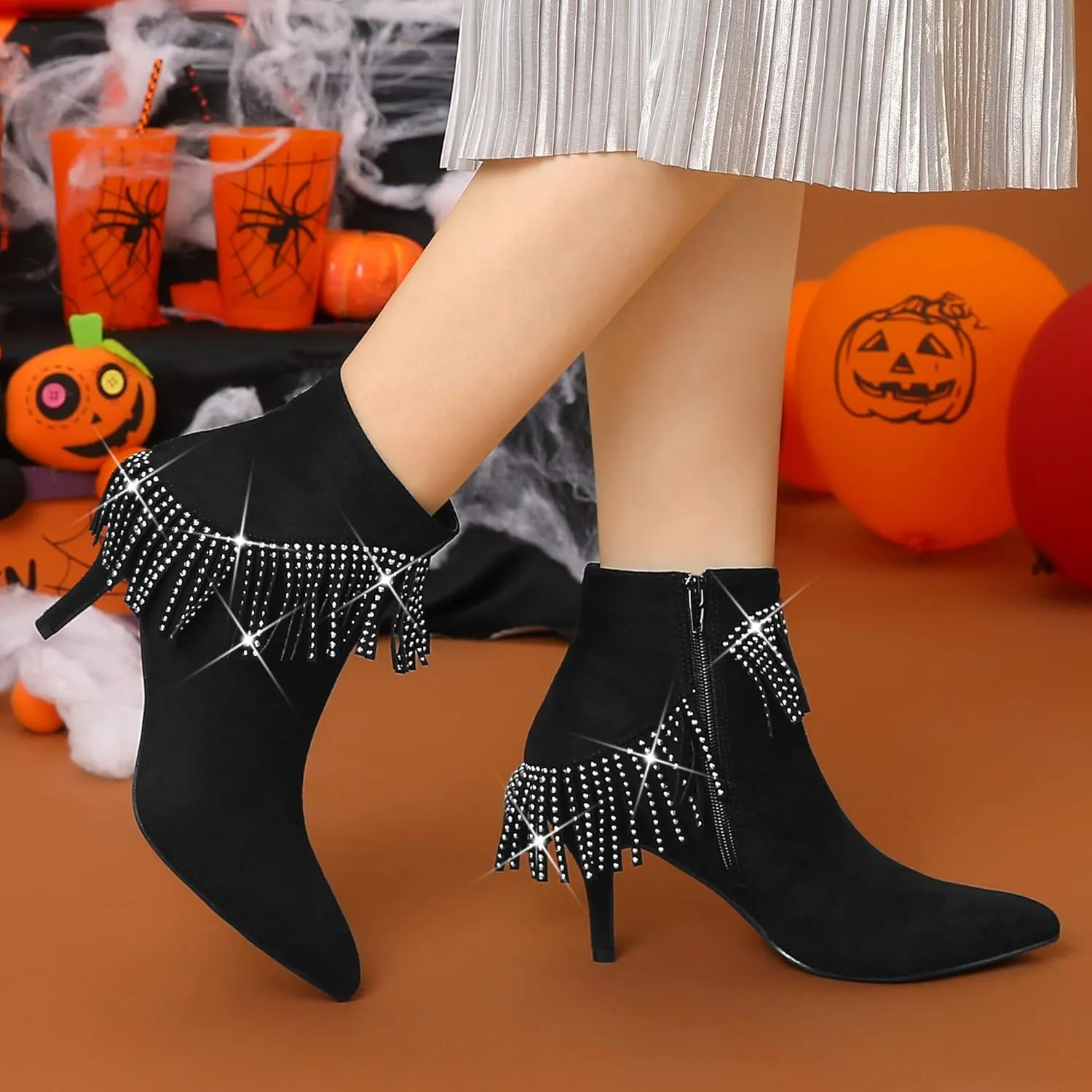 Allegra K Women's Fringe Heels Boot Rhinestone Stiletto Heel Ankle Boots