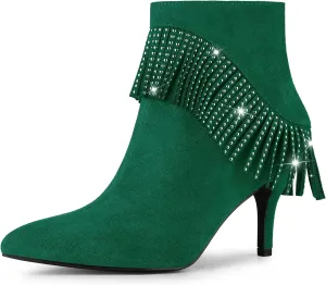 Allegra K Women's Fringe Heels Boot Rhinestone Stiletto Heel Ankle Boots